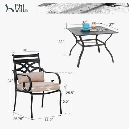 PHI VILLA 5 Pcs Patio Dining Set,Outdoor Table Chair Set for 4 with Outdoor Chairs and Metal Frame Steel Square Table,Outdoor Dining Furniture with Cushion and Pillow for Garden Lawn Deck
