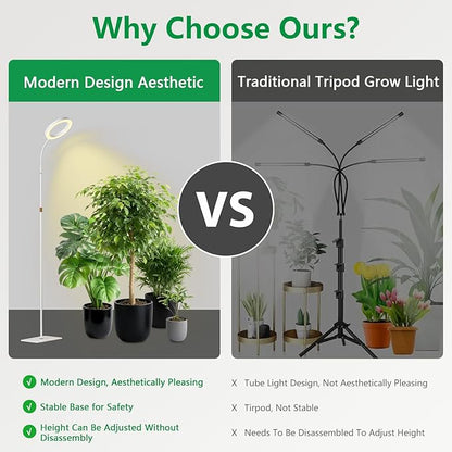 Full Spectrum Grow Light with Stand for Indoor Plants, Floor Plant Light, 6/12/18H Timer, 3 Color Modes, Adjustable Height 16.5–68in, for Large Plants & Home Décor(Tri-Head,White)