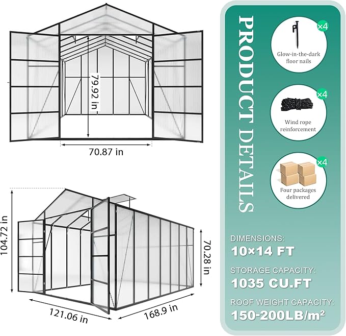 10 * 14 * 8.7FT Greenhouse for Outdoors,Polycarbonate Greenhouse with Stronger Wind Protection and Roof Vent,Walk-in Large Aluminum Sunroom Winter Proof,Black
