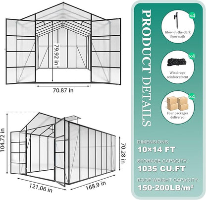 10 * 14 * 8.7FT Greenhouse for Outdoors,Polycarbonate Greenhouse with Stronger Wind Protection and Roof Vent,Walk-in Large Aluminum Sunroom Winter Proof,Black
