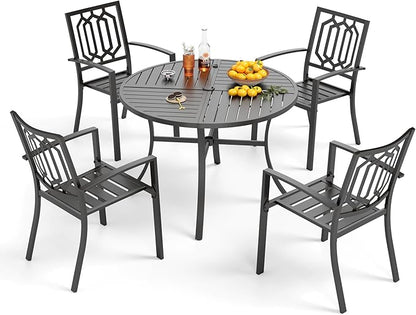 PHI VILLA 5 Pieces Outdoor Round Dining Set for 4, Wrought Iron Circle Table with Umbrella Hole & Stacking Metal Chairs, Modern Furniture Set for Patio, Deck, Backyard, Porch