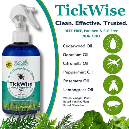 3 Moms Organics TickWise 8oz, Made with All Natural Essential Oils, DEET-Free, Tick and Insect Repellent, Plant Based Essential Oils, All Natural Ingredients Great for Adults, Kids, Dogs & Horses