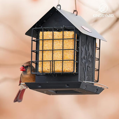 Kingsyard Metal Bird Feeder for Outdoor Hanging, Wild Bird Feeder with Double Suet Cage, Weatherproof Roof and 3 lbs Large Seed Capacity, Black