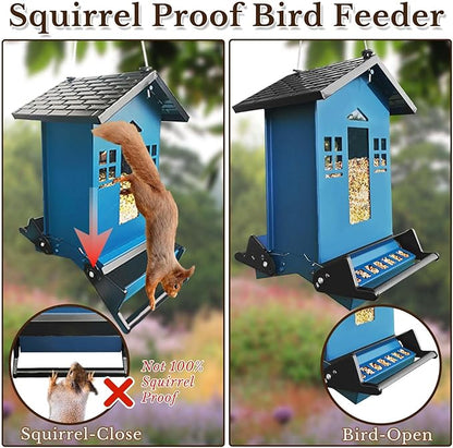 Squirrel Proof Bird Feeder, Bird Feeders Hanging for Outdoors 6 Lbs Seed, Wild Metal Birdfeeder for Small Birds, Cardinal, Outside, Garden (Blue)