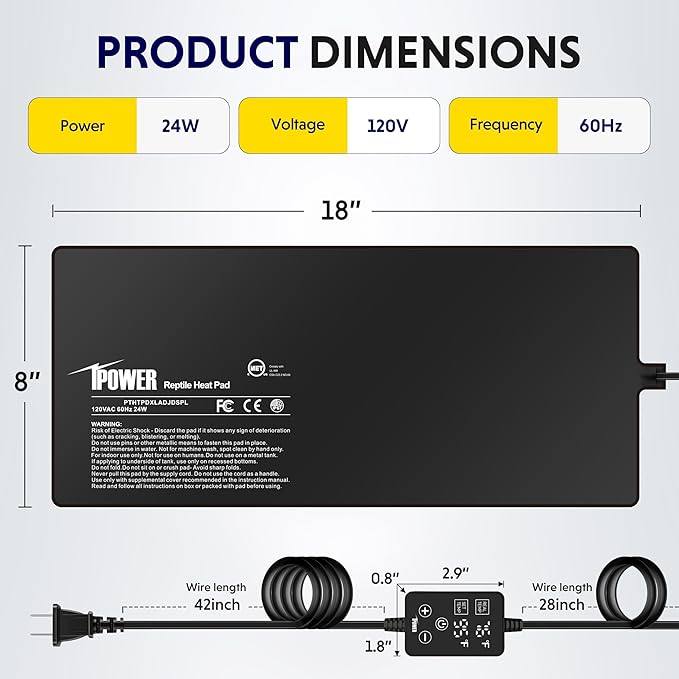 iPower 8 by 18 Inch 24W Reptile Heating Pad with Adjustable Thermostat, Under Tank Warmer Terrarium Heat Mat for Turtles/Snakes/Lizards/Frogs, 2 Pack