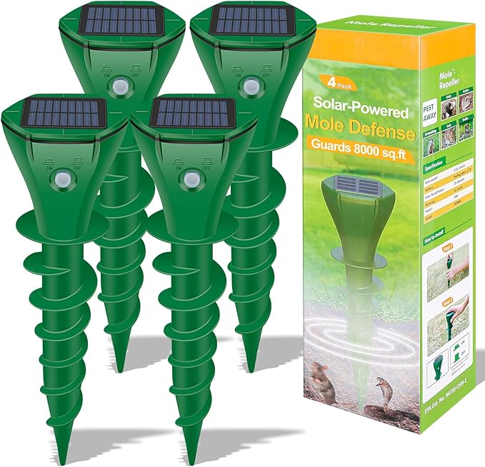 Mole Repellent Solar Powered Ultrasonic,4 Pack Gopher Repellent Outdoor for Lawn Garden Yard,Waterproof Mole Killer Traps,Sonic Spikes Get Rid of All Pests Gopher Vole Groundhog Chipmunk Snake-Green