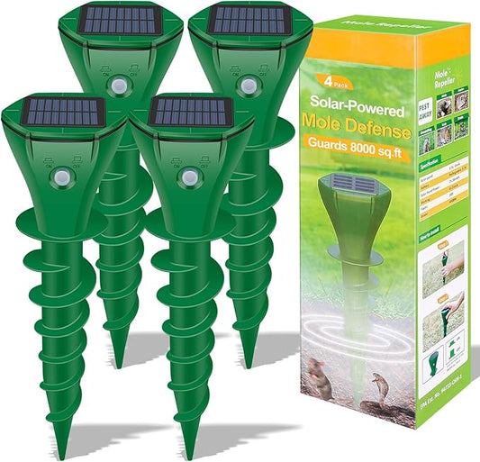 Mole Repellent Solar Powered Ultrasonic,4 Pack Gopher Repellent Outdoor for Lawn Garden Yard,Waterproof Mole Killer Traps,Sonic Spikes Get Rid of All Pests Gopher Vole Groundhog Chipmunk Snake-Green