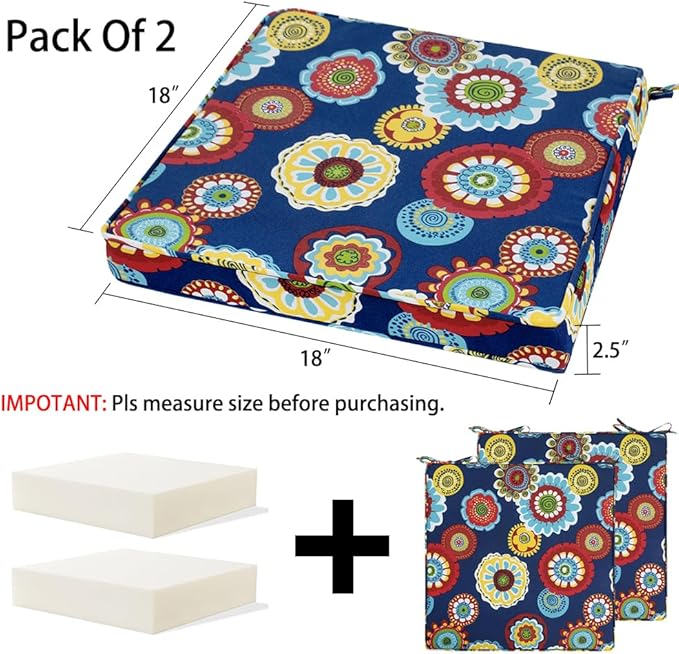 Magpie Fabrics Indoor Outdoor Waterproof Square Chair Cushion, 18" x 18" x 2.5", 2 Pack, Water Resistant Seat Cushions, for Patio Garden Office, Floral Navy