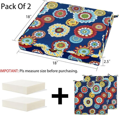Magpie Fabrics Indoor Outdoor Waterproof Square Chair Cushion, 18" x 18" x 2.5", 2 Pack, Water Resistant Seat Cushions, for Patio Garden Office, Floral Navy