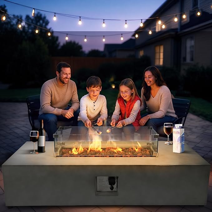 2-Piece 54" Outdoor Propane Fire Pit Table Set, 50,000 BTU Rectangle Concrete Gas Fire Pit Coffee Table W Glass Wind Guard, Lava Rocks, Waterproof Cover for Patio, Backyard, Garden, Porch, Deck