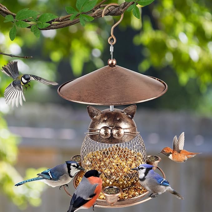 LBTING Bird Feeder for Outdoor, Squirrel Proof Metal Wild Bird Feeder Decoration for Hanging Outside Garden Yard, Cute Cat-Shaped