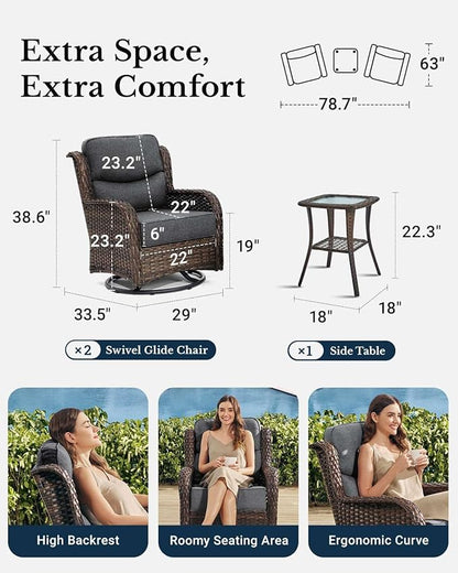HILLGA Luxury Patio Furniture Set with 6-Inch Thick Cushions, High Back Outdoor Swivel Rocker Chairs and Table, 3-Piece All Weather Conversation Set for Porch Deck Balcony Yard, Dark Grey (V3)