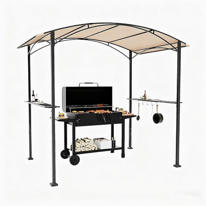 Gotland 8'x 5' Outdoor Grill Gazebo, BBQ Canopy Shelter with 2 Metal Openwork Shelving Units & 5 Tool Hooks, Curved Waterproof Top for Party, Backyard, Poolside Khaki