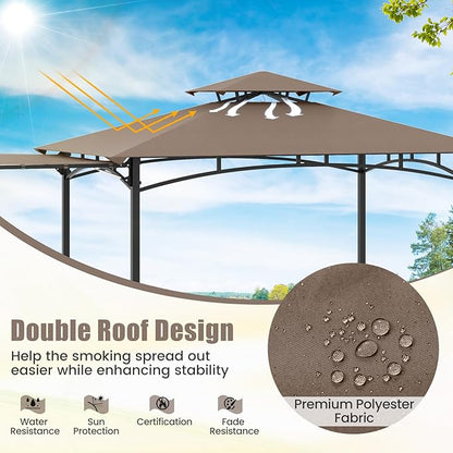 HAPPYGRILL Outdoor Grill Gazebo Canopy 11 x 5 FT, Barbecue Canopy with Double-Tiered Top, 2 Side Shelves, Hanging Hooks, Bottle Opener, Metal Frame, BBQ Grilling Shelter