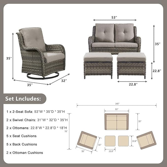 Rilyson 5 Piece Outdoor Patio Furniture Set - Rattan Wicker Patio Conversation Sets with 2 Swivel Rocker Chairs,2 Ottomans and 1 Loveseat for Outside Porch Deck Backyard(Mixed Grey/Grey)
