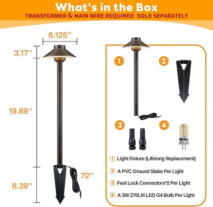 Gardenreet Low Voltage Landscape Lighting Brass - 12v Pathway Lights Waterproof, Hardwired Path Light Outdoor, Antique Bronze for Exterior Patio Garden with 3W 2700K Warm White G4 Bulb (4 Pack)