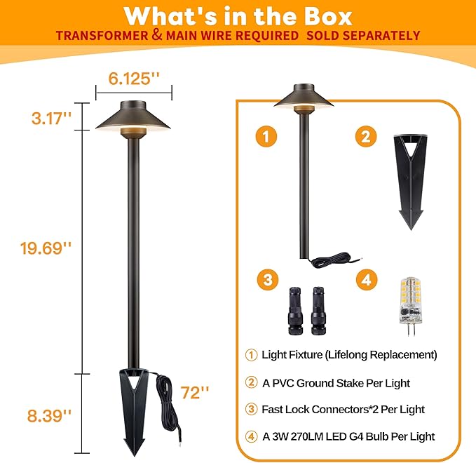 Gardenreet Low Voltage Landscape Lighting Brass - 12v Pathway Lights Waterproof, Hard Wired Path Light Outdoor, Mushroom Bronze for Exterior Area Patio with 3W 4000K Neutral White G4 Bulb (4 Pack)