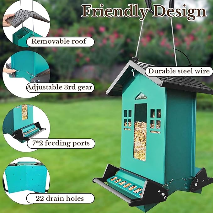 Squirrel Proof Bird Feeder for Outside, Bird Feeders for Outdoors Hanging 5 Lbs Seed, Wild Bird Feeder Large Capacity (Green)