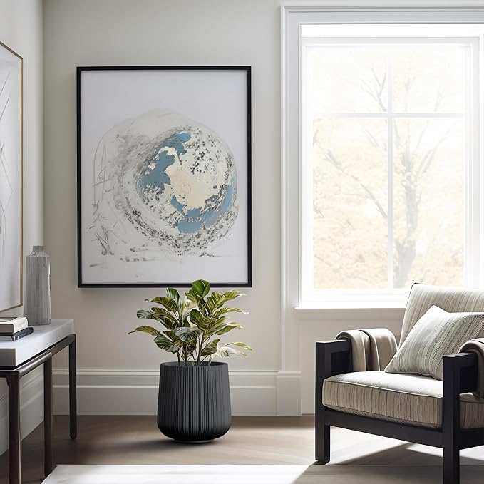 Kante 13.0" Dia Round Fluted Concrete Planter, Large Plant Pot with Drainage, Smooth Black Finish with Warm Brown Interior, for Indoor and Outdoor Use