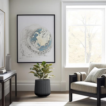 Kante 13.0" Dia Round Fluted Concrete Planter, Large Plant Pot with Drainage, Smooth Black Finish with Warm Brown Interior, for Indoor and Outdoor Use