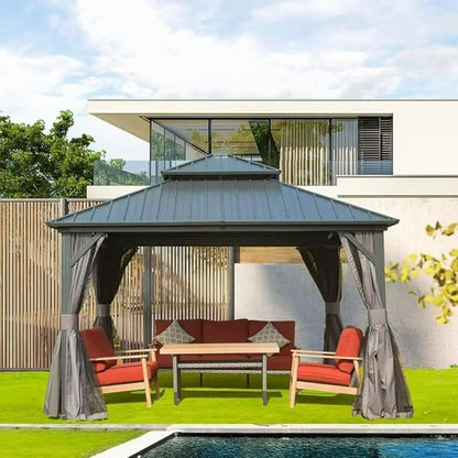 Domi 12’ X 12’ Hardtop Gazebo Canopy with Netting & Curtains, Outdoor Metal Gazebo with Galvanized Steel Double Roof for Patio Lawn and Garden, Gray