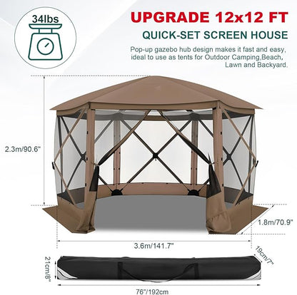 COBlZl Pop Up Gazebo 12x12 Screen House Tent for Camping, Outdoor Instant Stargazing Gazebo Canopy with Awning 2.0, Portable Hub Tent with Mosquito Netting, Pavilion for Backyard,Brown