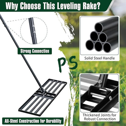 Jardineer Lawn Leveling Rake 45 Inches with 72 Inches Long Handle, Yard Leveling Rakes for Grass Soil, Lawn Leveler Rake Heavy Duty, Ground Dirt Leveler for Yard