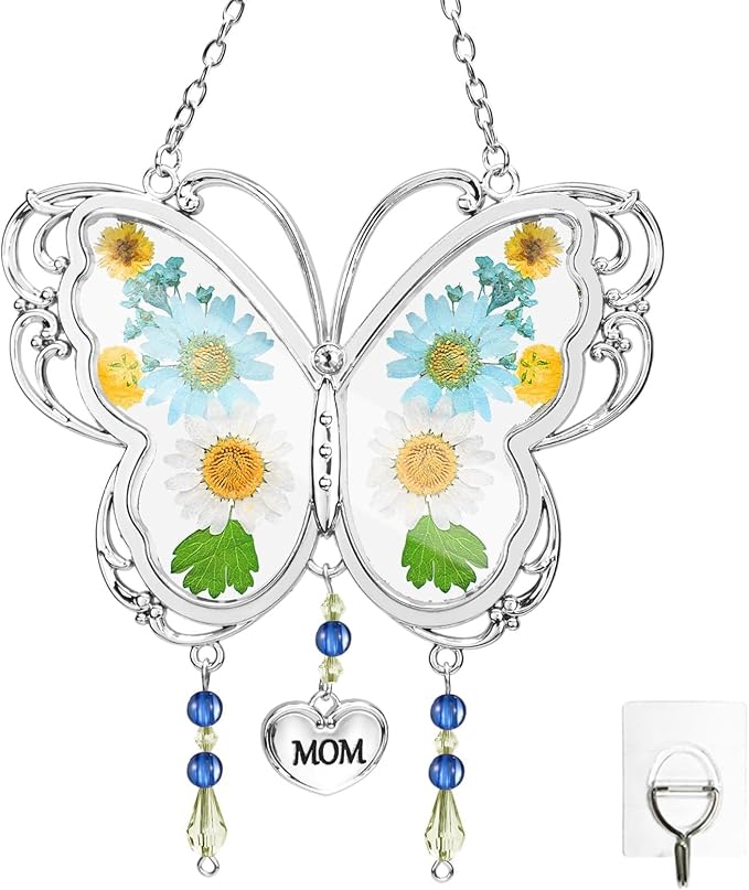 LARAINE Butterfly Suncatcher with Pressed Flower Wings Mom Mother's Day Butterfly Glass Wind Chime Ornament Charm with Metal Heart Gifts for Mom Grandma Aunt Birthday (Grandma, Blue)