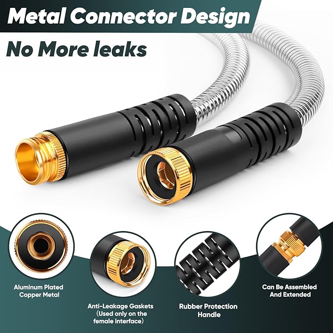 Garden Hose 125 FT with 10-Function Nozzle, Leak-proof Metal Connector Water Hose, No Knots, Kink-Free, Lighter, Anti-Pets, Wear-Resistant, 3/4 GHT, Metal Hose for Garden, Yard, Outdoor