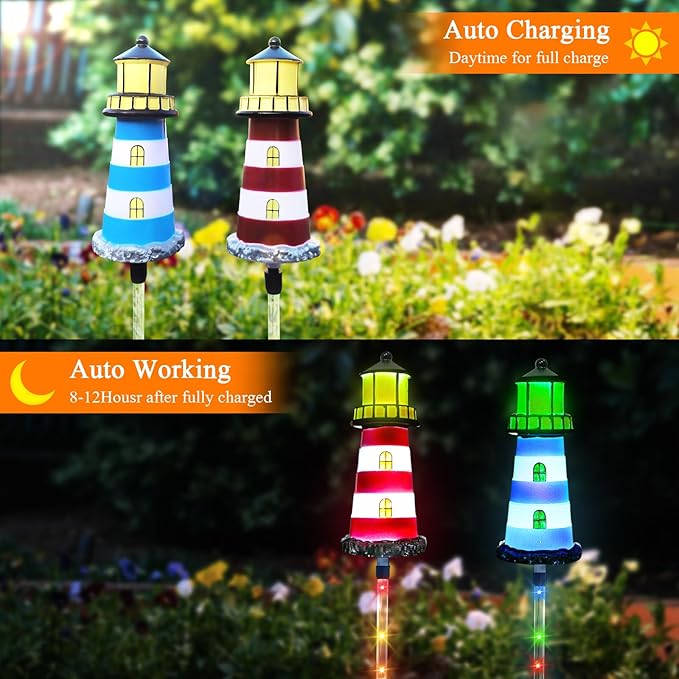 Solar Lighthouse Outdoor Decor (2PACK) Ideal for pathway lighting in gardens, walkways, and patios. Enhances garden, lawn, planter, backyard, and courtyard decor. Nautical-Style Outdoor Solar Lights