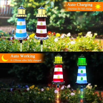 Solar Lighthouse Outdoor Decor (2PACK) Ideal for pathway lighting in gardens, walkways, and patios. Enhances garden, lawn, planter, backyard, and courtyard decor. Nautical-Style Outdoor Solar Lights