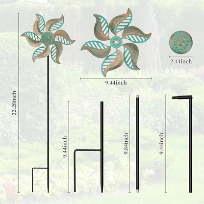 2 Pack Wind Spinner Outdoor Metal Vintage Green,Garden Pinwheels Waterproof Wind Sculptures, Small Windmills for Yard Lawn Outdoor Patio Lawn Garden Decor