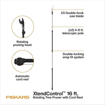 Fiskars XtendControl Extendable Tree Pruner (16 ft), Adjustable Branch Trimmer with Rotating Pruning Head, 15" X3 Double-Hooked Saw, 4-8 ft Extension Poles & Automatic Cord Reel for Precision Cutting
