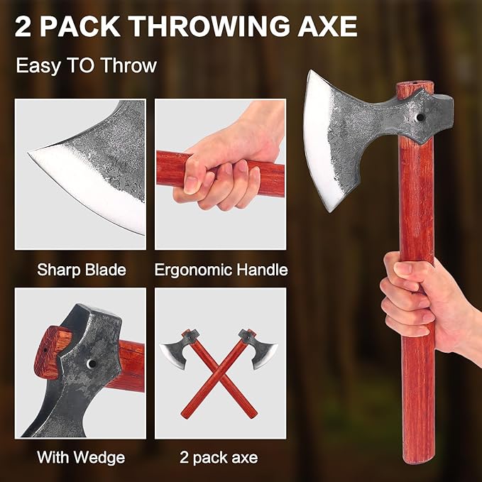 16" Throwing Axe Set with Beech Wood Handle, Professional Throwing Hatchet Set of Two, Viking Style Throwing Tomahawks with Steel Wedge for Adults' Competition and Outdoor Recreation, Red
