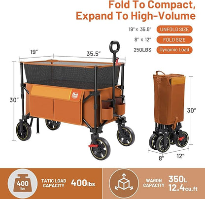 TIMBER RIDGE 350L Extra Large Collapsible Folding Wagon Carts with Brake, Heavy Duty Outdoor Camping Utility Wagons with Extended Height, Adjustable Handle, Cup Holders, Side Bag(Orange)