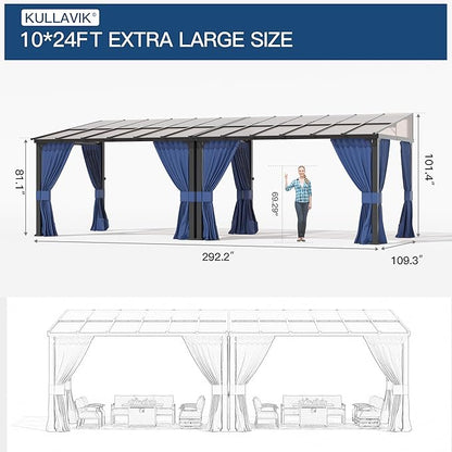 Kullavik 10' × 24' Hardtop Gazebo for Patio,Wall-Mounted Lean to Gazebo Pergola with Sloping Roof and Durable Aluminum Frame,Large Heavy Duty Awnings for Decks,Backyard,NavyBlue