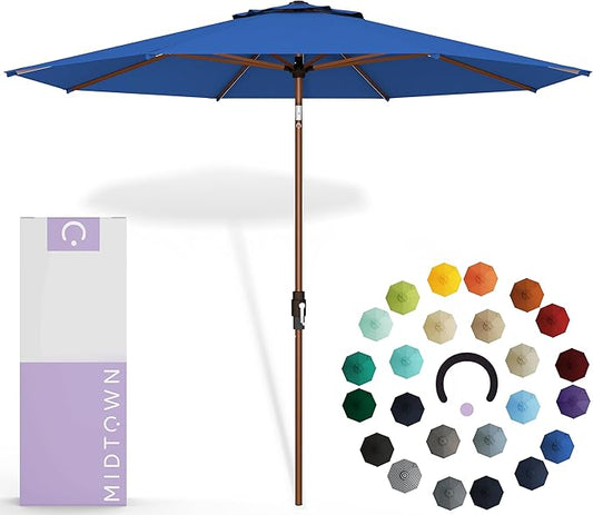 Midtown Umbrellas Sunbrella Umbrella Large Patio Umbrella 2-10 Feet in Dark Blue Fabric, Auto-Tilt Aluminum Frame Backyard Umbrella, Deck Umbrella, Garden Umbrella & Porch Umbrella - Wooden Pole