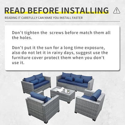 5 Piece Wicker Patio Furniture Sets Outdoor Conversation Set, PE Rattan Sectional Sofa Couch with Storage Table and Non-Slip Navy Blue Cushions, Furniture Covers Included