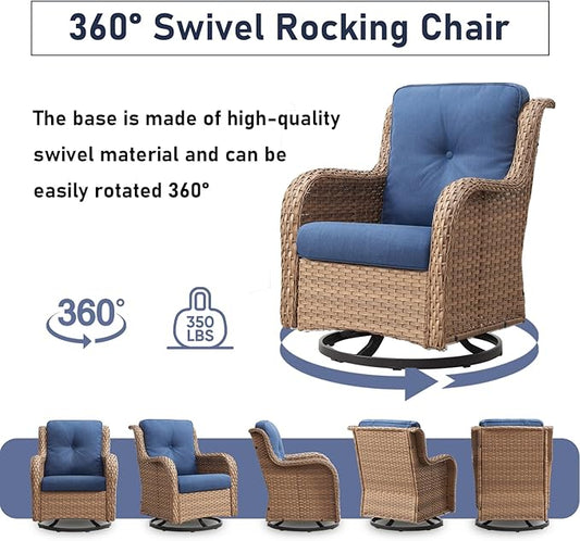 Luxury Wicker Swivel Patio Chairs Set of 3, Outdoor Swivel Rocking Chairs with Side Table, Outdoor Bistro Set for Patio, Porch, Yard, Deck, Poolside, Yellow/Blue