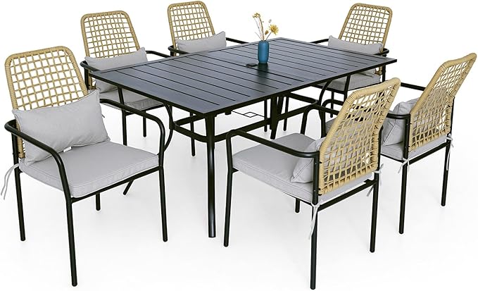 7-Piece Outdoor Dining Set, 6 Stackable Chairs with Cushions ＆ 63'' Rectangular Outdoor Table, Wicker Rattan Design, All Weather Frame Furniture Set