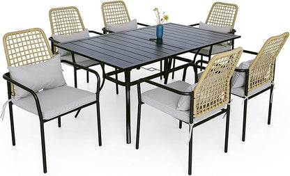 7-Piece Outdoor Dining Set, 6 Stackable Chairs with Cushions ＆ 63'' Rectangular Outdoor Table, Wicker Rattan Design, All Weather Frame Furniture Set