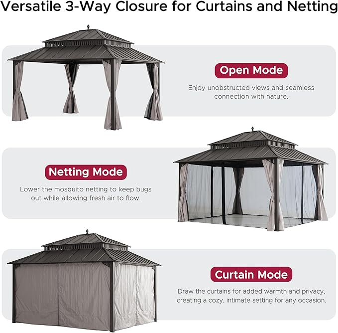 SUNJOY Kingston 14' x 12' Hardtop Gazebo with Galvanized Steel Double Roof, Curtain and Netting, Brown Aluminum Posts Permanent Pavilion Gazebo for Garden, Patio, Deck, Lawn