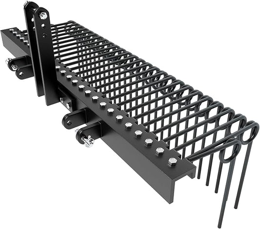 72 Inch Pine Straw Needle Rake, 3 Point Landscape Rake, Powder Coated Steel Spring Tow Behind Rakes, Tractor Attachments for Leaves Straw Grass Attach to Cat 0 Cat 1, Black