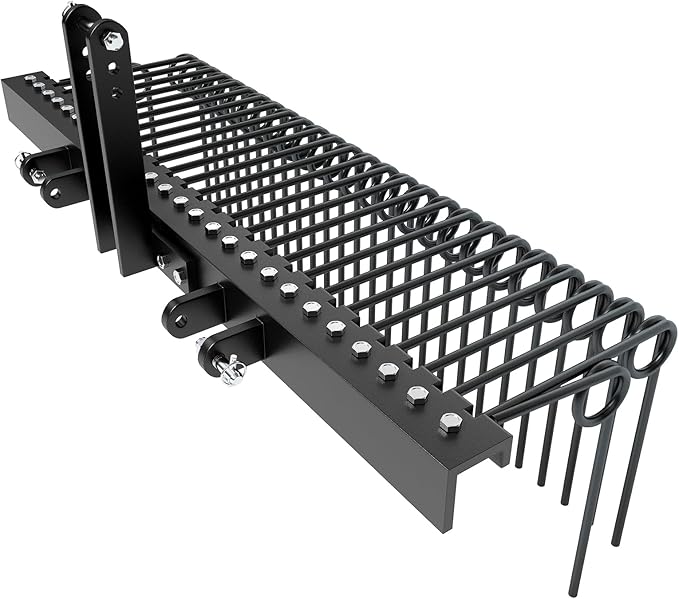 60 in Pine Straw Needle Rake, 3 Point Landscape Rake, Powder Coated Steel Spring Tow Behind Rakes, Tractor Attachments for Leaves Straw Grass Attach to Cat 0 Cat 1, Black