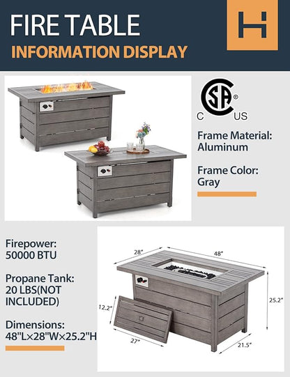 Propane Fire Pit Table, HAPPATIO 48inch 50000 BTU Gas Fire Pit with Aluminum Slats Table Top, Lid, Black Glass Rock, Aluminum Fire Table,CSA Safety Certified for Outside Patio(Gray)