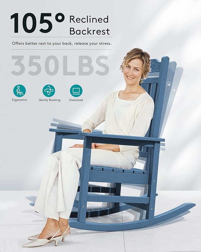 SERWALL Oversized Rocking Chair Set of 2 Outdoor, HDPE Outdoor Rocking Chair Set of 2, Blue