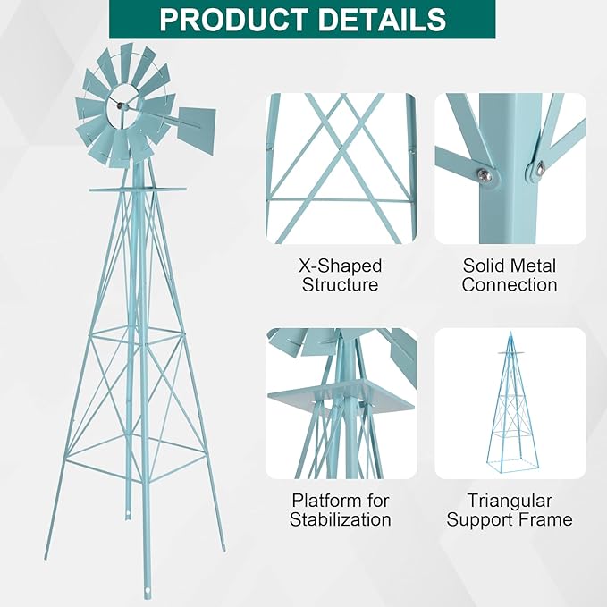 Garden Windmill for Yard Decor, 8 ft Tall Metal Windmill with Spinning Blades, Weather-Resistant Outdoor Windmill for Lawn, Farmhouse, Rustic & Farm Decor,Blue