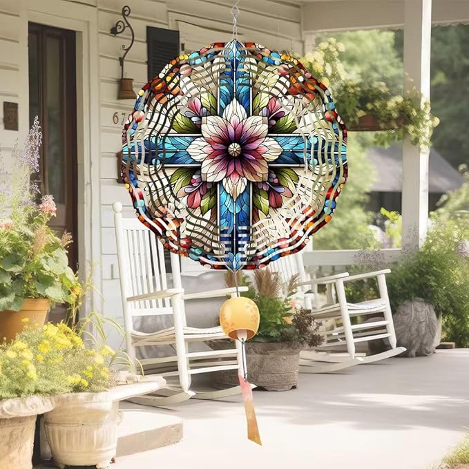 Cross Wind Spinner, Metal Wind Spinners Outdoor/Indoor, Cross Flower Hanging Garden Decor for Outside, Stainless Wind Spinners for Yard and Garden 10 inch 3D (25.76X25 CM)