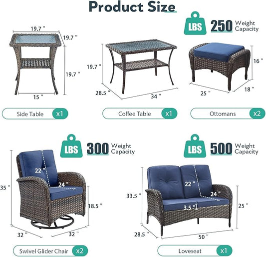 7 Piece Patio Furniture Set - Wicker Patio Conversation Set with Swivel Glider, Loveseat Bench, 2 Ottomans, Glass Side Table and Coffee Table for Deck Backyard - Brown Wicker Blue Cushion