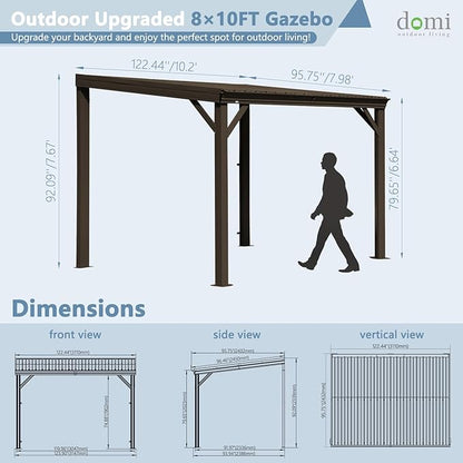 Domi 8’x10’ Wall-Mounted Hardtop Gazebo Pergola – Permanent Lean-to Outdoor Shelter with Sloped Galvanized Steel Roof & Upgraded Drainage – Grey Metal Patio Cover for Backyard, Deck, Garden,Brown